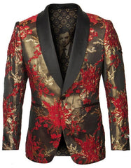 Mens Shawl Label Shiny Satin Paisley Prom Tuxedo Jacket in Red and Gold