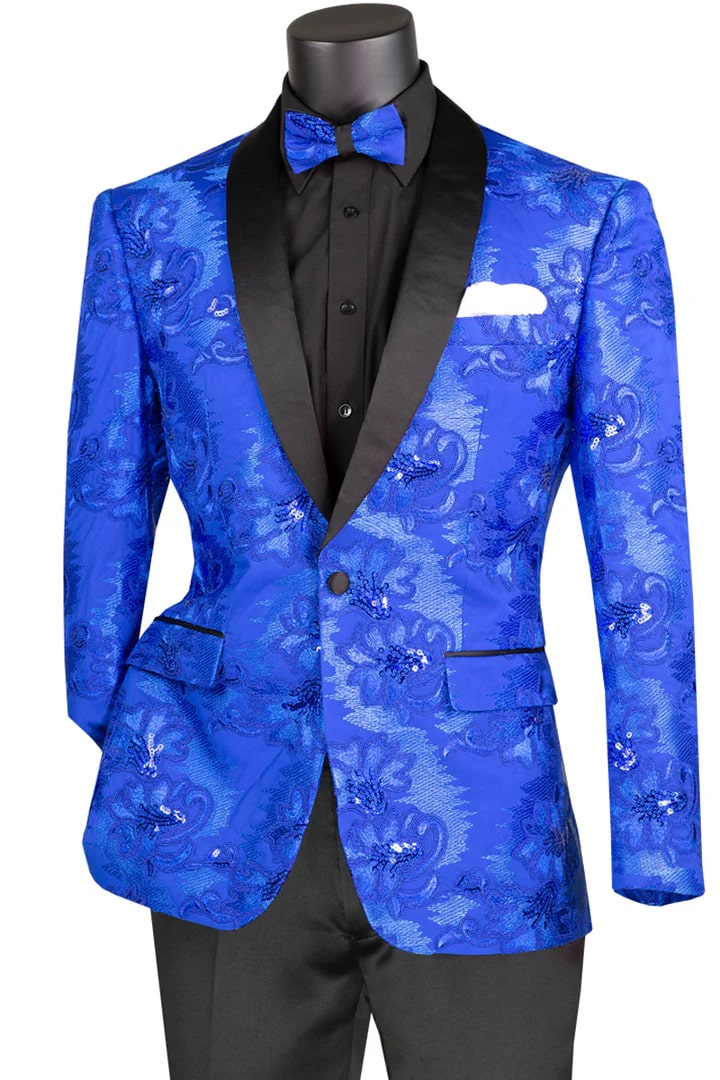 Mens Royal Blue Tuxedo - Mens Slim Fit Shiny Floral Sequin Prom Tuxedo Royal Blue Dinner Jacket - Men's Tuxedo USA