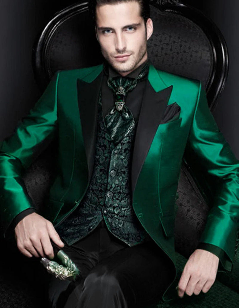 Men Shiny Satin Wedding Suits 2 Pieces Emerald Green Tuxedos