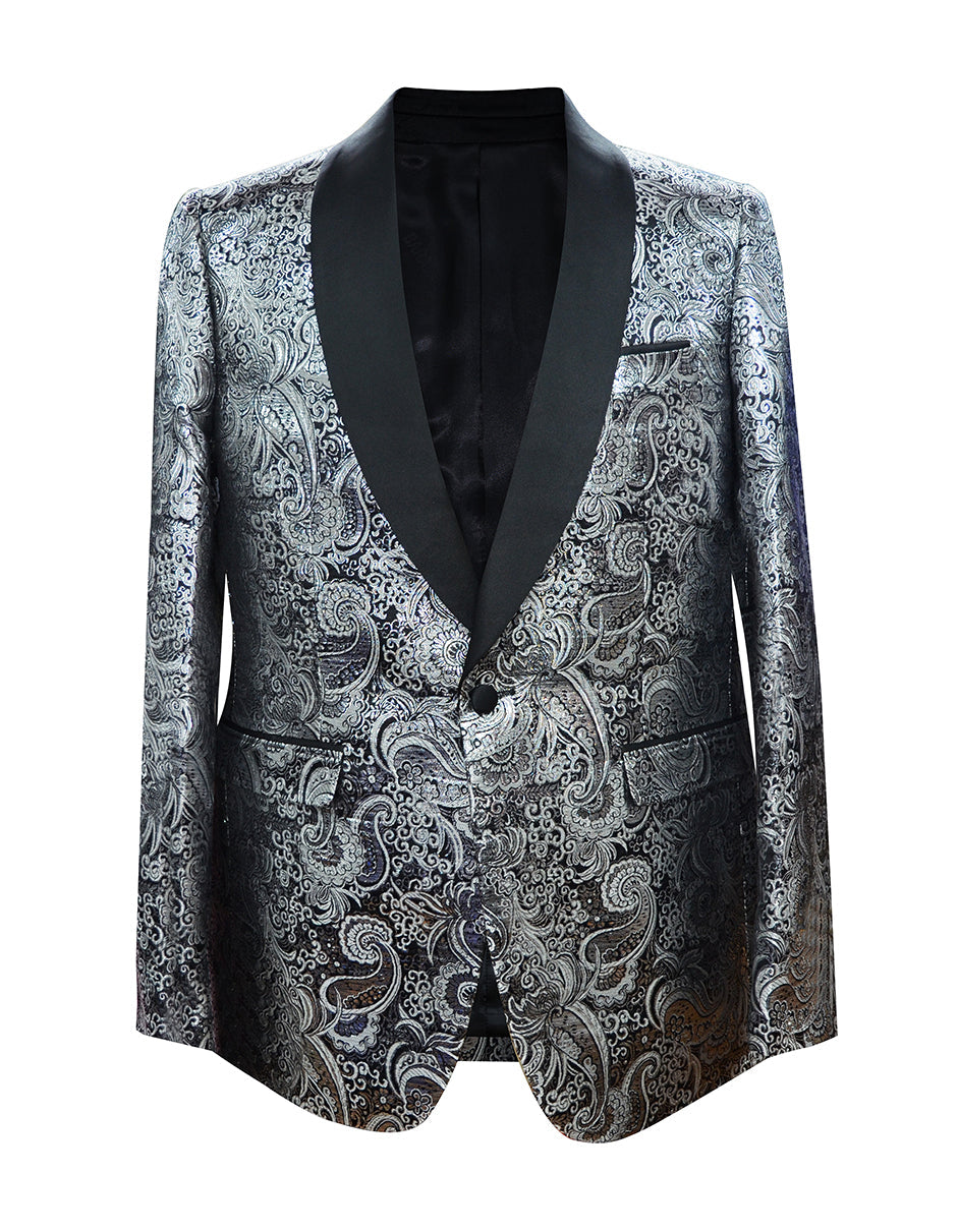 Mens Paisley Floral Shawl Tuxedo Jacket in Silver & Black - Men's Tuxedo USA