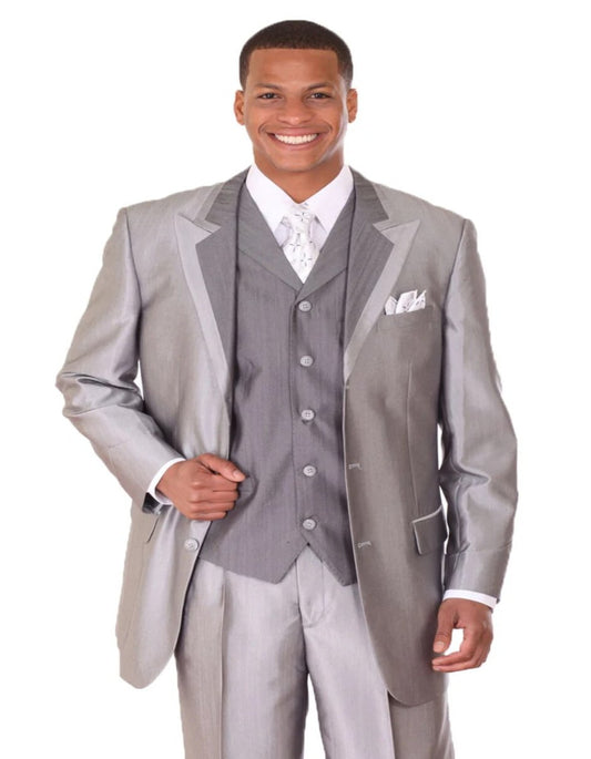 Pleated Dress Men Suits - Mens 3 Button Vested Wide Peak Lapel Two Tone Silver Grey Sharkskin Suit