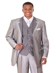 Pleated Dress Men Suits - Mens 3 Button Vested Wide Peak Lapel Two Tone Silver Grey Sharkskin Suit