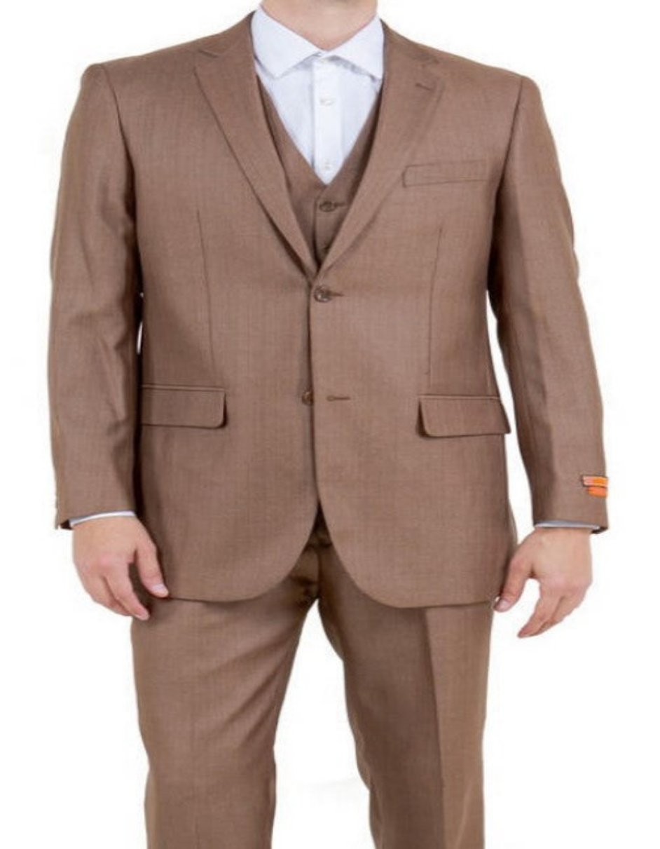 Mens Sharkskin 3 Piece Single Breasted Suit Toast Beige - Men's Tuxedo USA