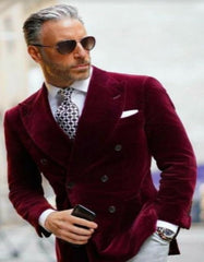 Mens Double Breasted Six Button Velvet Blazer - Burgundy Blazer