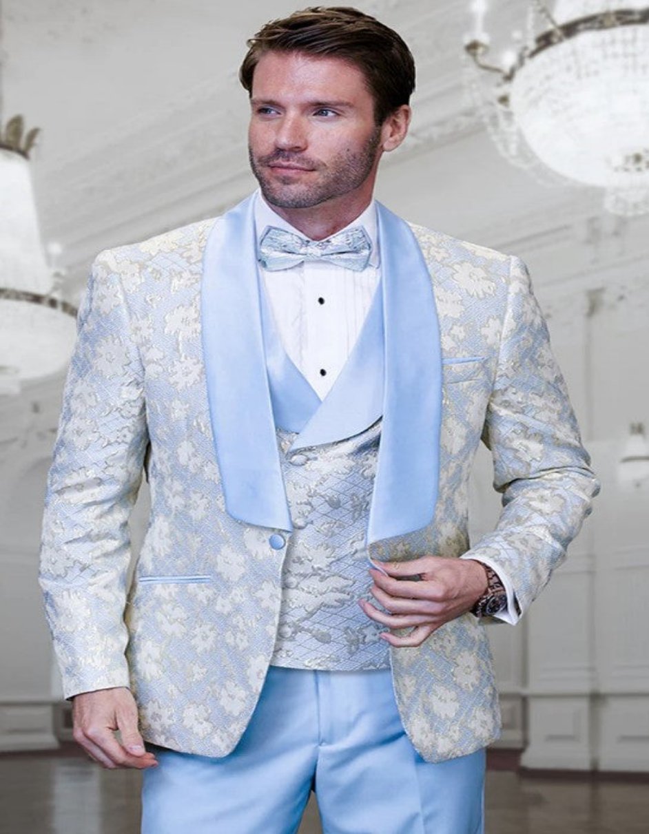 Blue Prom Suit - Blue Homecoming Outfits For Guys Sky Blue and Gold Floral Paisley - Men's Tuxedo USA