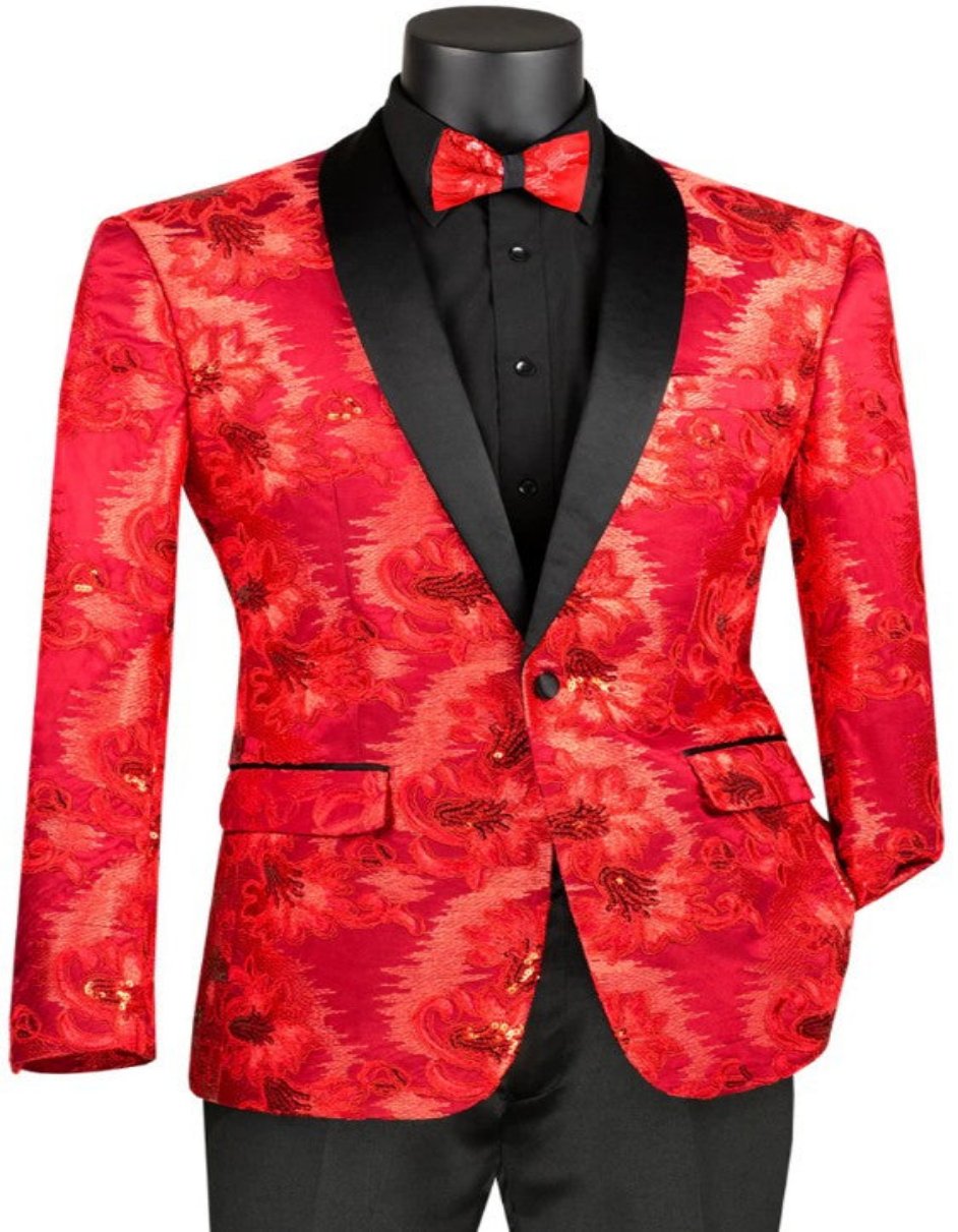 Mens Slim Fit Shiny Floral Mathcing Bowtie Sequin Prom Tuxedo Dinner Jacket in Red