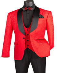 Mens Slim Fit Shawl Label Vested Paisley Wedding Tuxedo in Red