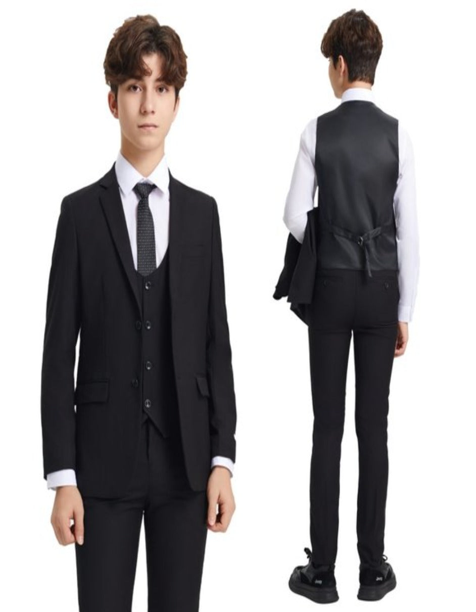 Exclusive Stacy Adams 5pc Boys Suit Solid Slim Fit, Black - Men's Tuxedo USA