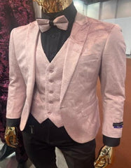 Pink Paisley Suit - Blush Color Slim Fitted Prom Suit With Bowtie Vest and Black Pants - Men's Tuxedo USA