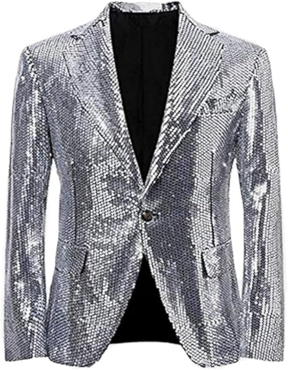 Glitter Tuxedo Dinner Jacket - Sequin Blazer - Sliver Flashy Stage Sport Coat By Alberto Nardoni - Men's Tuxedo USA