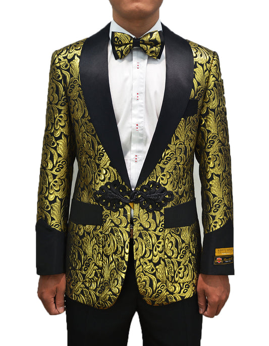 Mens Chinese Closure Smoking Jacket in Gold Paisley - Men's Tuxedo USA