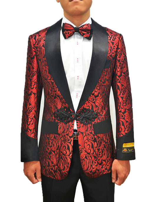 Mens Chinese Closure Smoking Jacket in Red Paisley - Men's Tuxedo USA