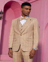 Mens Khaki Color Tuxedo - Mens Stacy Adams One Button Peak Lapel Plaid Paisley Khaki Suit - Men's Tuxedo USA