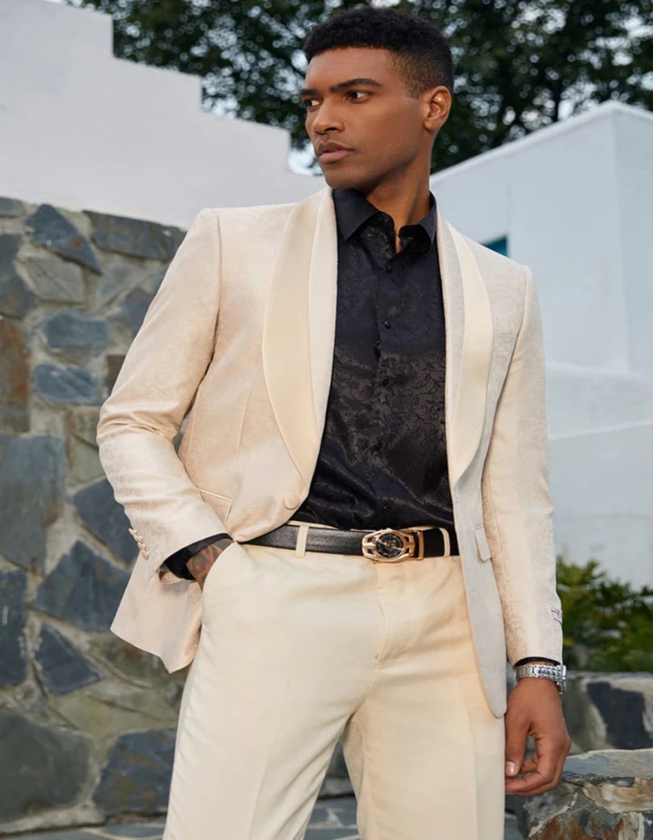 Mens Eggplant Tuxedo - Men's Stacy Adam's Slim Fit Paisley Tan Prom Tuxedo - Men's Tuxedo USA