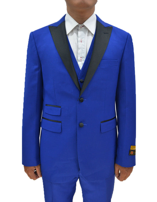 Mens 2 Button Peak Lapel Vested Prom Tuxedo in Royal Blue - Men's Tuxedo USA