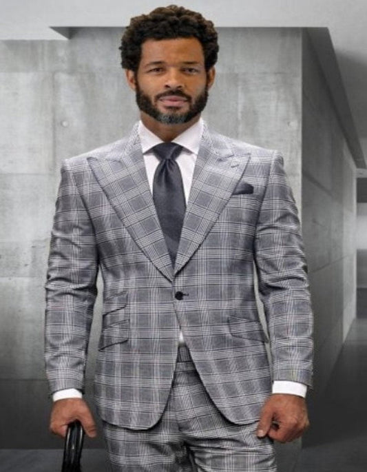 Statement Suits - Wool Suits - Peak Lapel Suits - Ticket Pocket - Modern Fit - Grey Plaid Suit