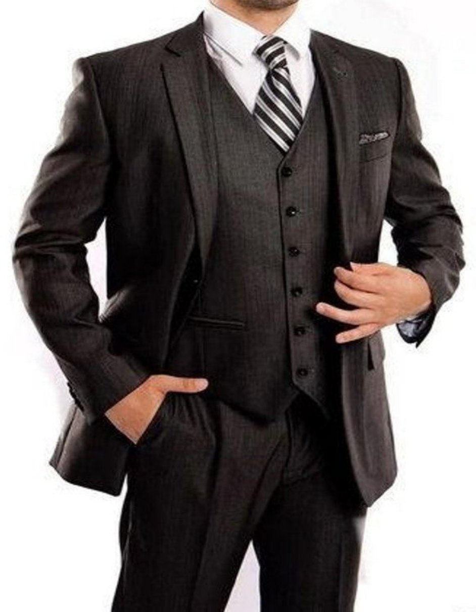 Mens Steel Navy 3 Piece Sharkskin Suit Single Breasted Notch Lapel Regular Fit - Men's Tuxedo USA