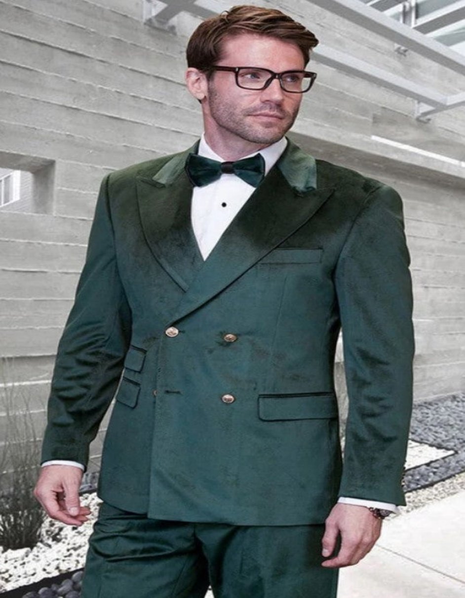 Mens 4 Button Double Breasted Velvet Suit with Gold Buttons in Hunter Green