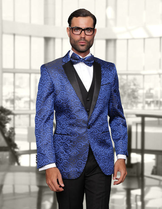 Mens Vested Swirl Patter Notch Lapel Tuxedo in Royal Blue - Men's Tuxedo USA