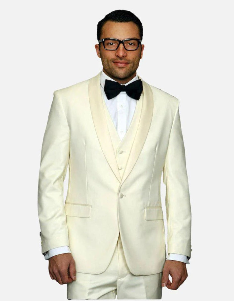 Statement Men's Off-White with White Lapel Vested 100% Wool Tuxedo - Men's Tuxedo USA