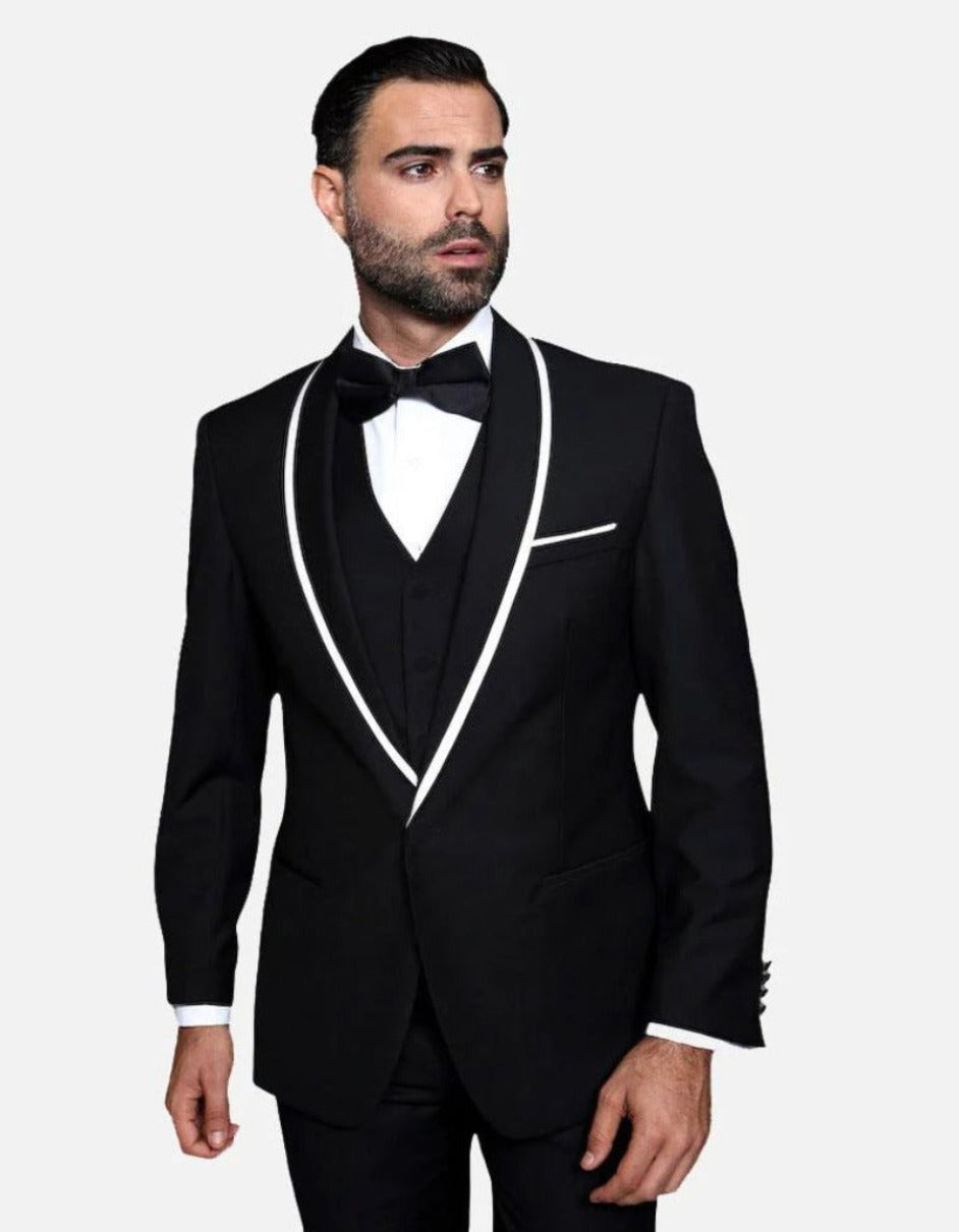 Statement Men's Black with White Lapel Vested 100% Wool Tuxedo - Men's Tuxedo USA