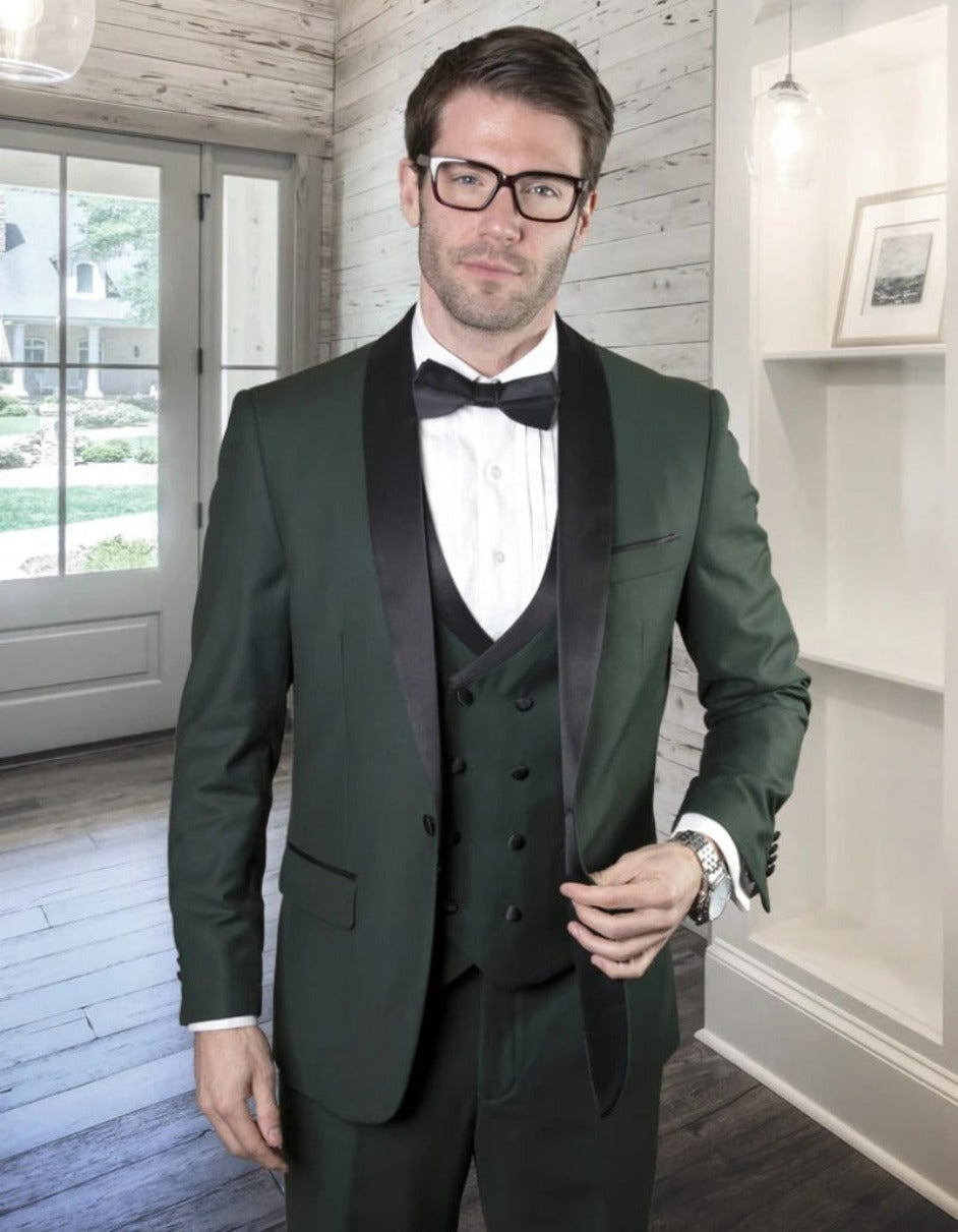 Statement Men's Hunter Green Vested Tuxedo With Black Trim Shawl Lapel - Men's Tuxedo USA