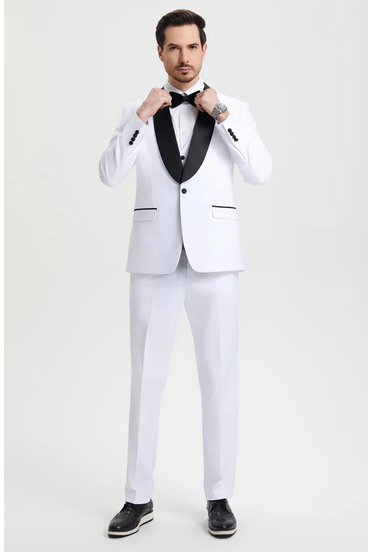 All White Mens Tuxedo -  Wedding Suit - Men's Stacy Adams Vested One Button Shawl Lapel Designer Tuxedo In White - Men's Tuxedo USA