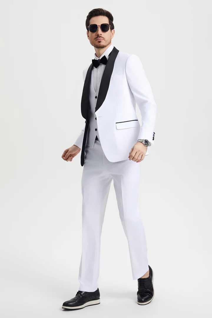 All White Mens Tuxedo -  Wedding Suit - Men's Stacy Adams Vested One Button Shawl Lapel Designer Tuxedo In White - Men's Tuxedo USA