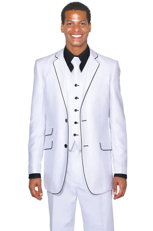 All White Mens Tuxedo -  Wedding Suit - Mens Vested Slim Fit Shiny Sharkskin Tuxedo Suit In White With Black Piping - Men's Tuxedo USA