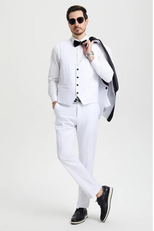 All White Mens Tuxedo -  Wedding Suit - Men's Stacy Adams Vested One Button Shawl Lapel Designer Tuxedo In White - Men's Tuxedo USA