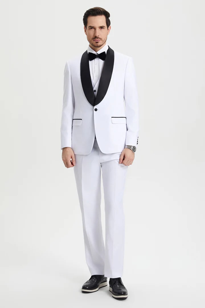 All White Mens Tuxedo -  Wedding Suit - Men's Stacy Adams Vested One Button Shawl Lapel Designer Tuxedo In White - Men's Tuxedo USA