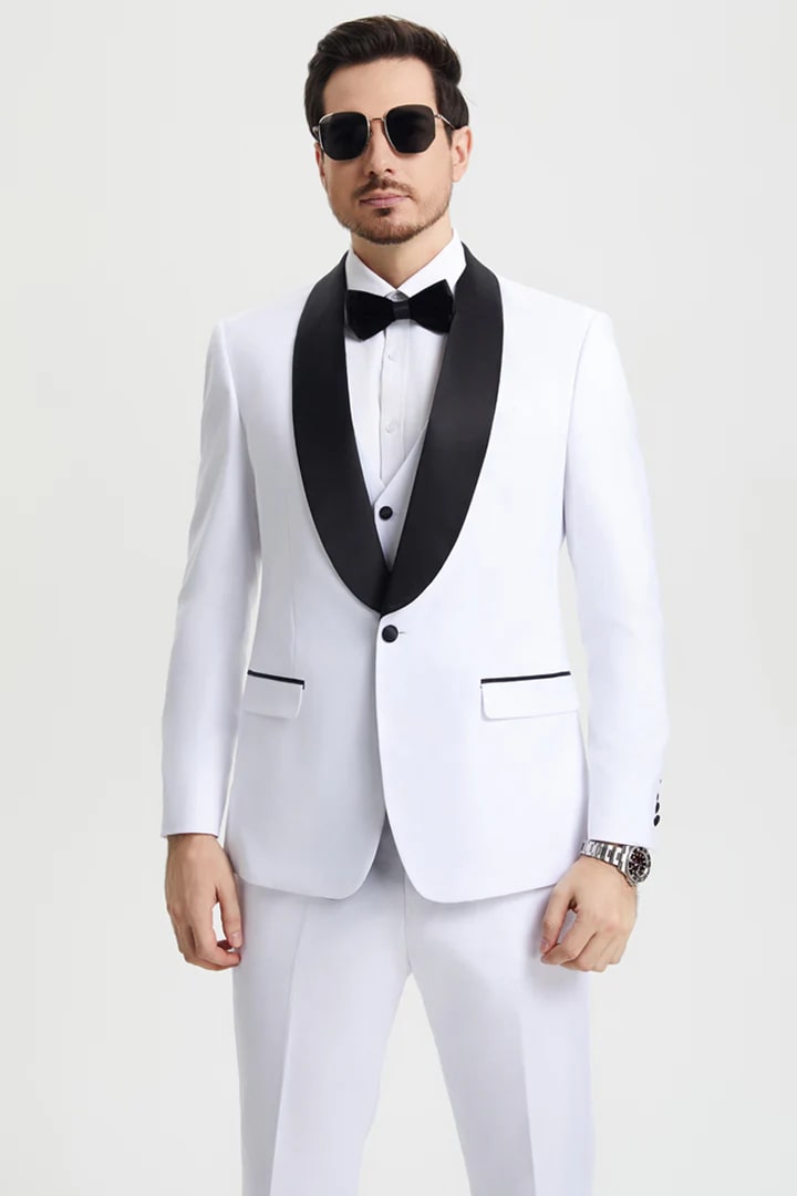 All White Mens Tuxedo -  Wedding Suit - Men's Stacy Adams Vested One Button Shawl Lapel Designer Tuxedo In White - Men's Tuxedo USA