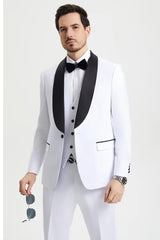 All White Mens Tuxedo -  Wedding Suit - Men's Stacy Adams Vested One Button Shawl Lapel Designer Tuxedo In White - Men's Tuxedo USA