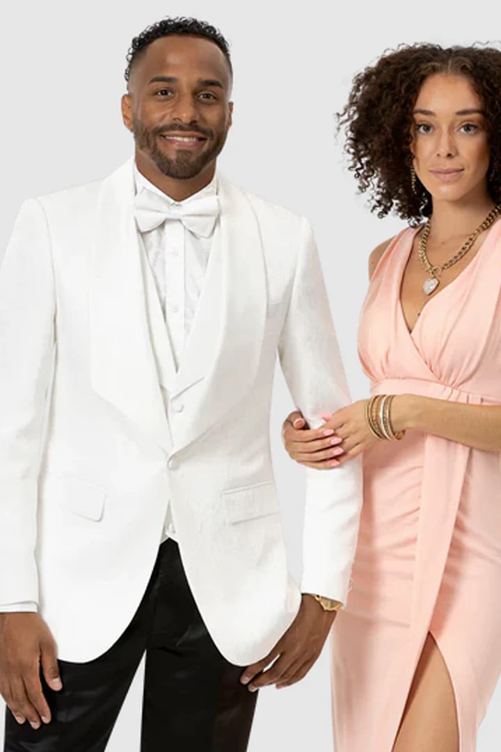 All White Mens Tuxedo -  Wedding Suit - Mens Vested Square Shawl Paisley Prom & Wedding Tuxedo In White - Men's Tuxedo USA