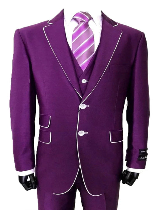 Mens Vested Slim Fit Shiny Sharkskin Tuxedo Suit in Purple with White Piping - Men's Tuxedo USA