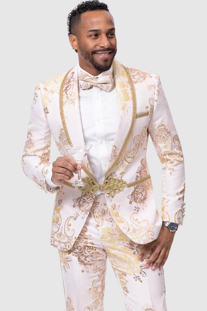 Mens Blazer - Cheap Priced Mens Sport Coat - Mens White & Gold Paisley Prom & Wedding Tuxedo - Men's Tuxedo USA