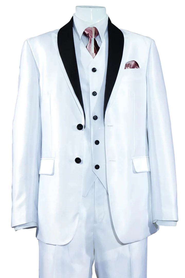 All White Mens Tuxedo -  Wedding Suit - Mens 2 Button Vested Slim Fit Shiny Sharkskin Tuxedo Suit In White - Men's Tuxedo USA