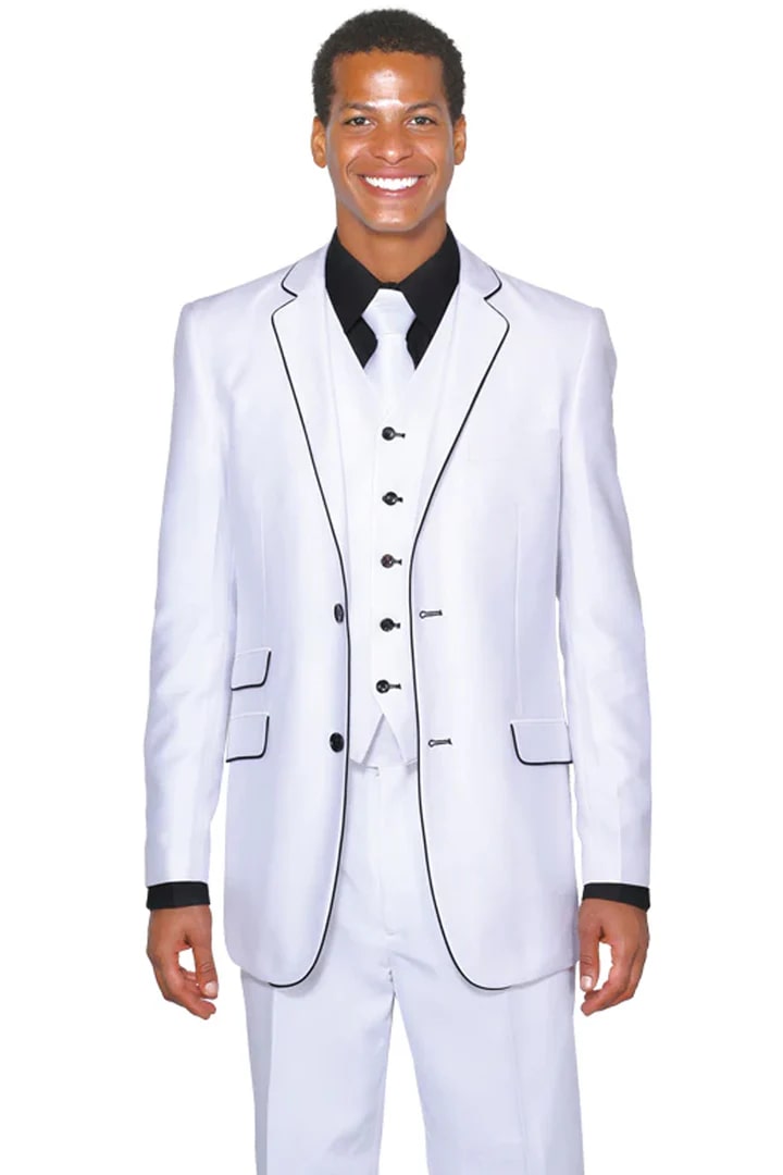 White Wedding Suit For Men - Perfect For Groom - Mens Vested Slim Fit Shiny Sharkskin Tuxedo Suit In White With Black Piping - Men's Tuxedo USA