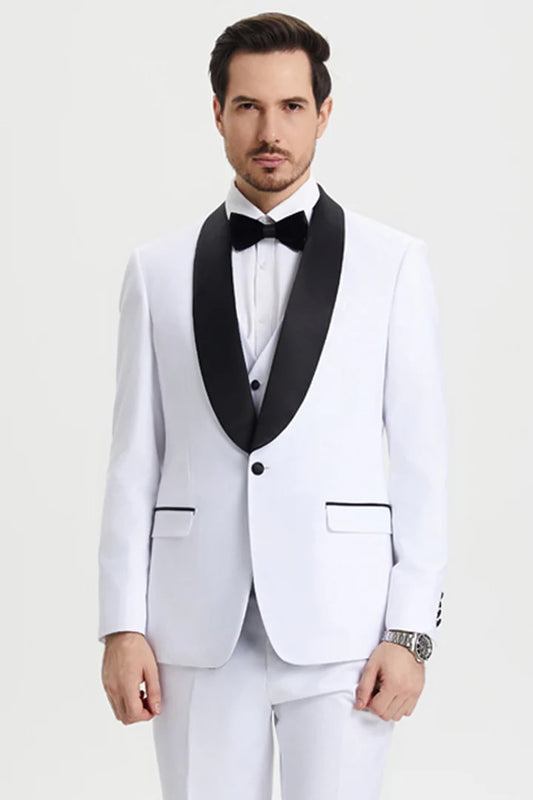 All White Mens Tuxedo -  Wedding Suit - Men's Stacy Adams Vested One Button Shawl Lapel Designer Tuxedo In White - Men's Tuxedo USA