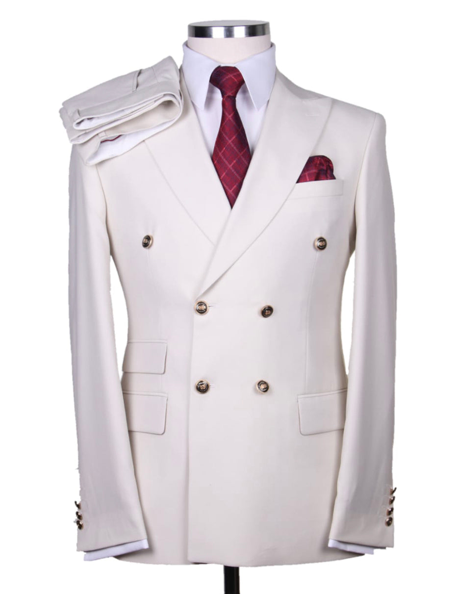 Mens Designer Modern Fit Double Breasted Wool Suit with Gold Buttons in White - Men's Tuxedo USA