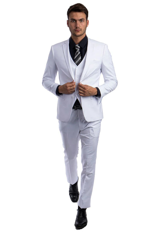 Men's Two Button Slim Fit Vested Solid Basic Color Suit in White - Men's Tuxedo USA