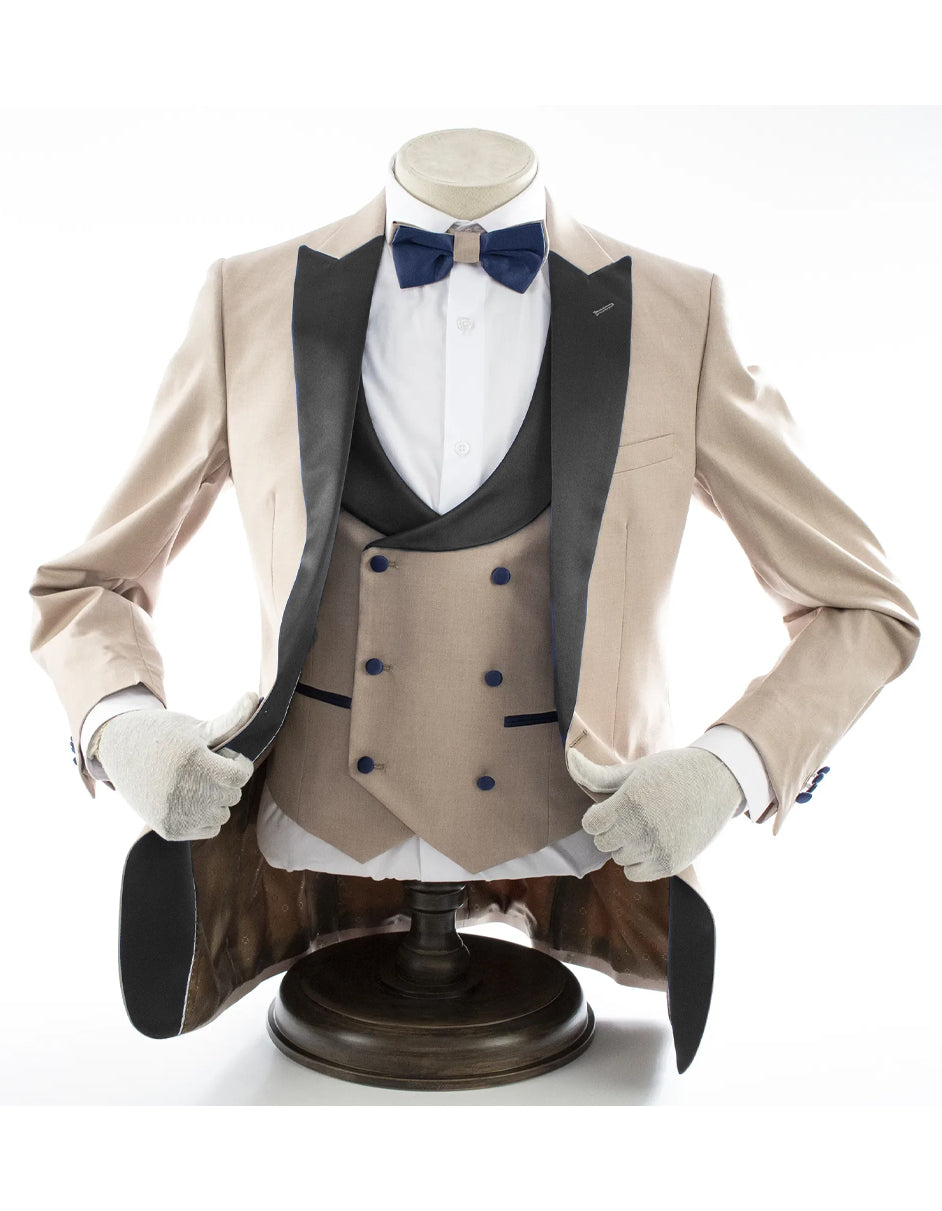 Mens 2 Button Peak Lapel Prom Tan Tuxedo with Double Breasted Vest - Men's Tuxedo USA