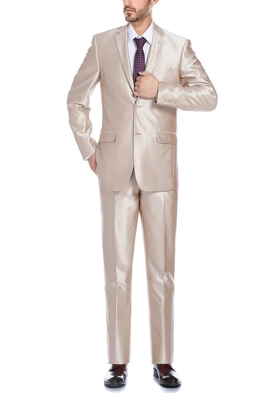 Mens Basic Two Button Slim Fit Suit with Optional Vest in Shiny Champagne Tan Sharkskin - Men's Tuxedo USA