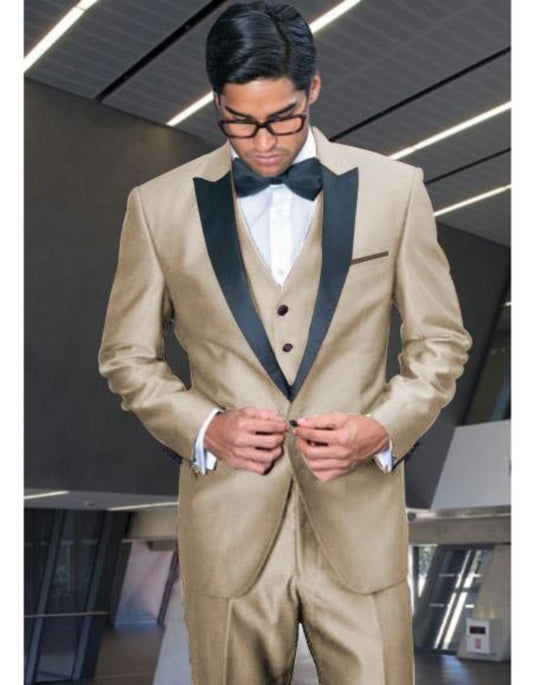 Tan ~ Beige ~ Sand Color Peak Lapel Tuxedo Vested 3 Piece Suit By Alberto Nardoni Tux Formalwear Tan Tuxedo - Beige Tuxedo - Men's Tuxedo USA