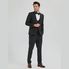 New Tazio Birdseye Textured Black Tuxedo | Shawl Collar Satin Trim 3-Piece - Men's Tuxedo USA