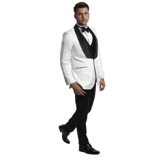 White Paisley Tuxedo Suit w/ Black Satin Shawl Collar by Tazio - Men's Tuxedo USA