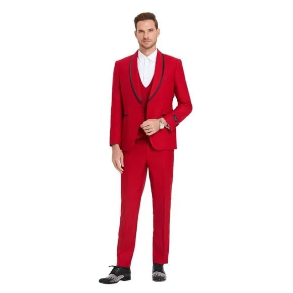 New Tazio Birdseye Textured Red Tuxedo | Shawl Collar Satin Trim 3-Piece - Men's Tuxedo USA