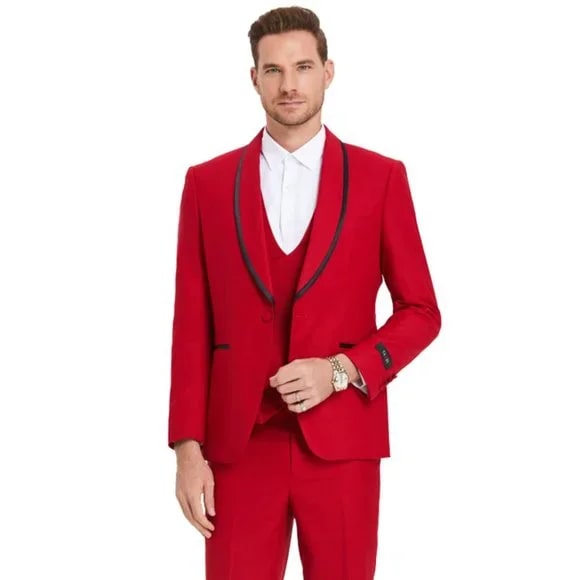 New Tazio Birdseye Textured Red Tuxedo | Shawl Collar Satin Trim 3-Piece - Men's Tuxedo USA