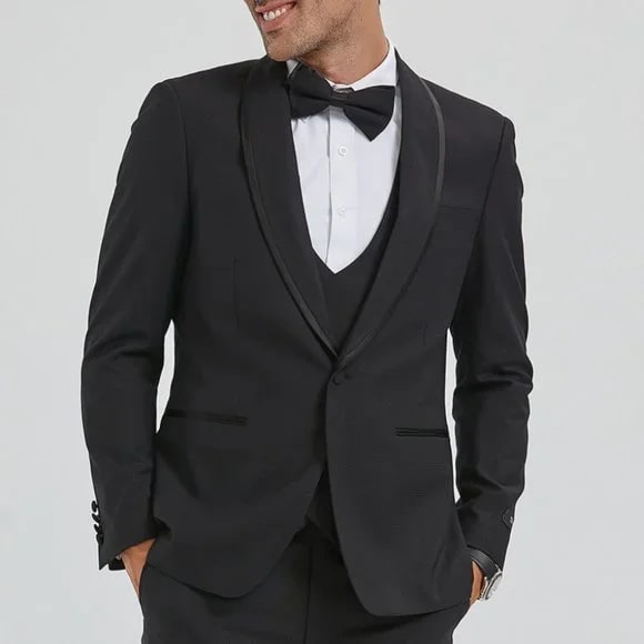 New Tazio Birdseye Textured Black Tuxedo | Shawl Collar Satin Trim 3-Piece - Men's Tuxedo USA