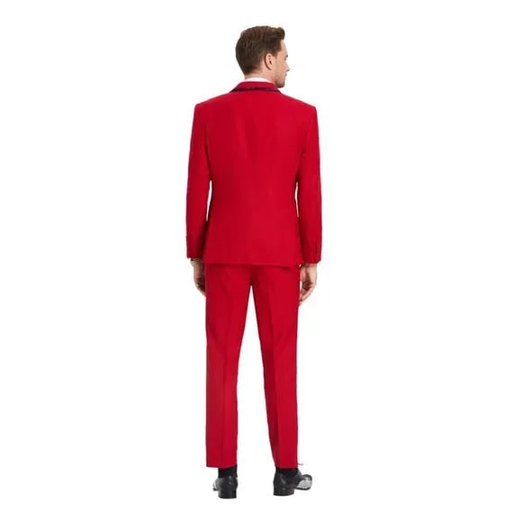 New Tazio Birdseye Textured Red Tuxedo | Shawl Collar Satin Trim 3-Piece - Men's Tuxedo USA